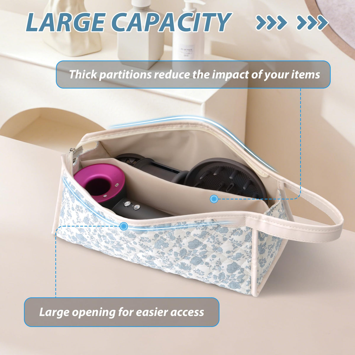 Linpr Travel Organizer Bag Compatible with Dyson Hair Dryer, Flower Blue
