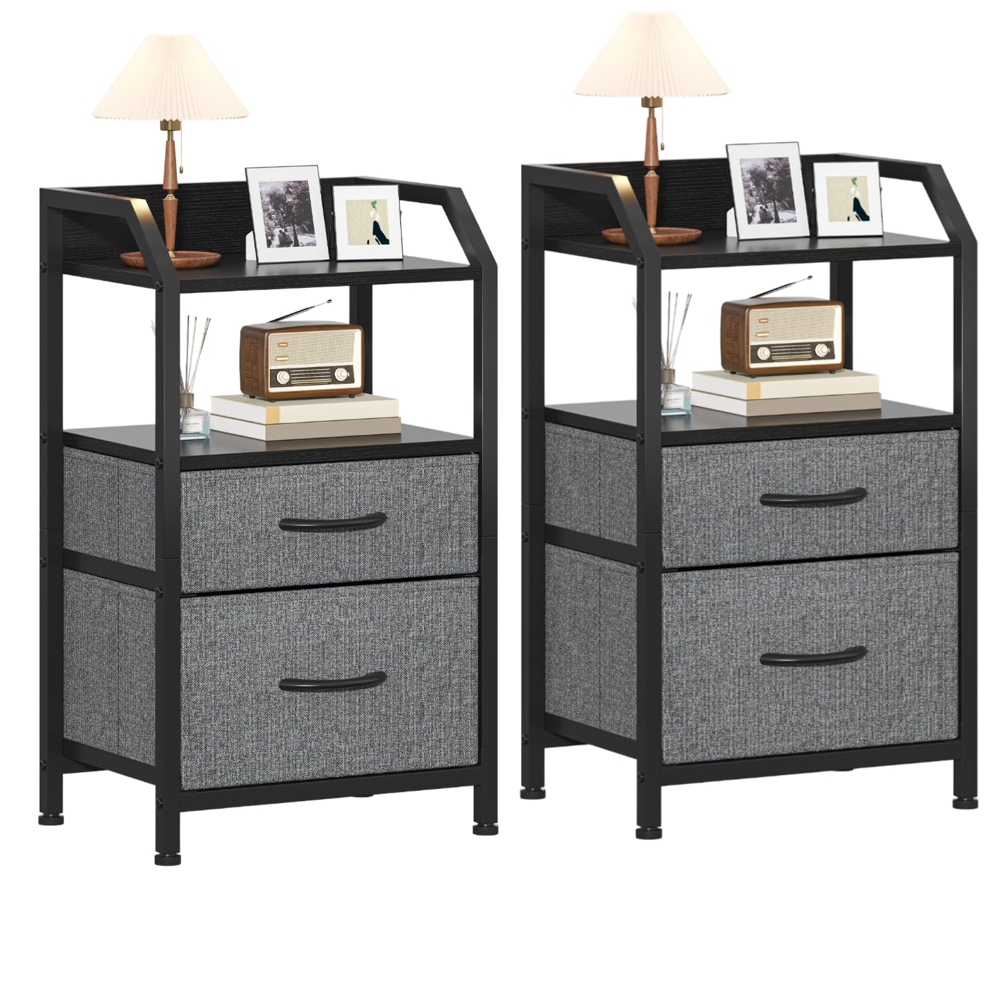 Feonase Set of 2 Bedside Table with 2 Fabric Drawers & Open Shelf - Sturdy Metal Frame Nightstand, Compact End Table for Bedroom, Living Room