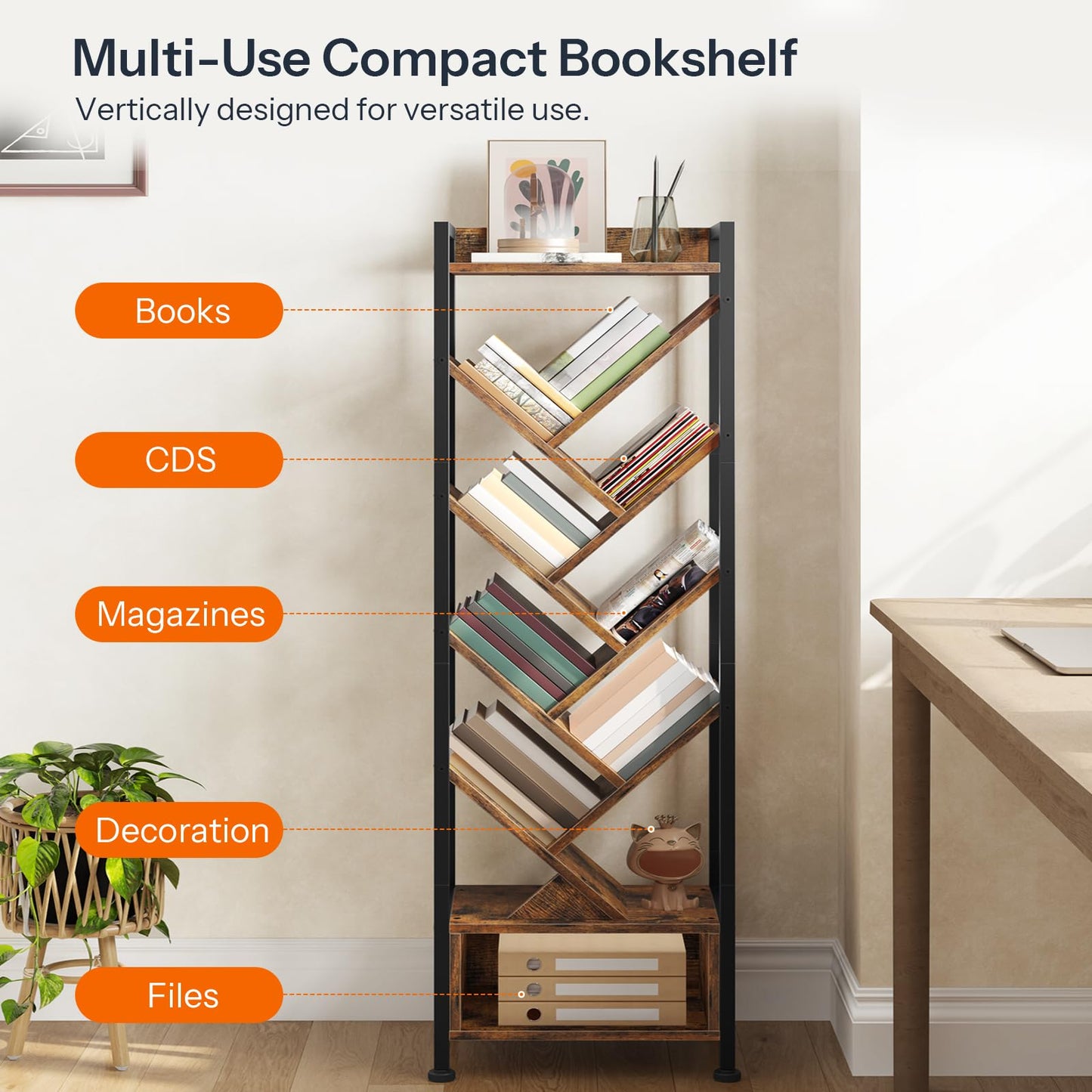 HOOBRO Tree Bookshelf with Storage, 9-Tier Floor Standing Shelf with Upper Shelf & Compartment, Tall CD/DVD/Book Organiser, for Living Room, Bedroom