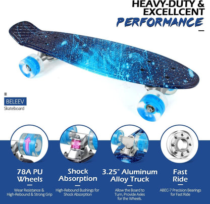 BELEEV 22 inch Skateboards for Kids, Cruiser Skateboard for Girls Boys Teens Adults Beginners, LED Light up Wheels, Mini Skateboards Classic Complete