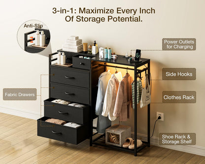 Coleshome Chest of Drawers Bedroom with Hanging Rail, 110x30x106cm, Black