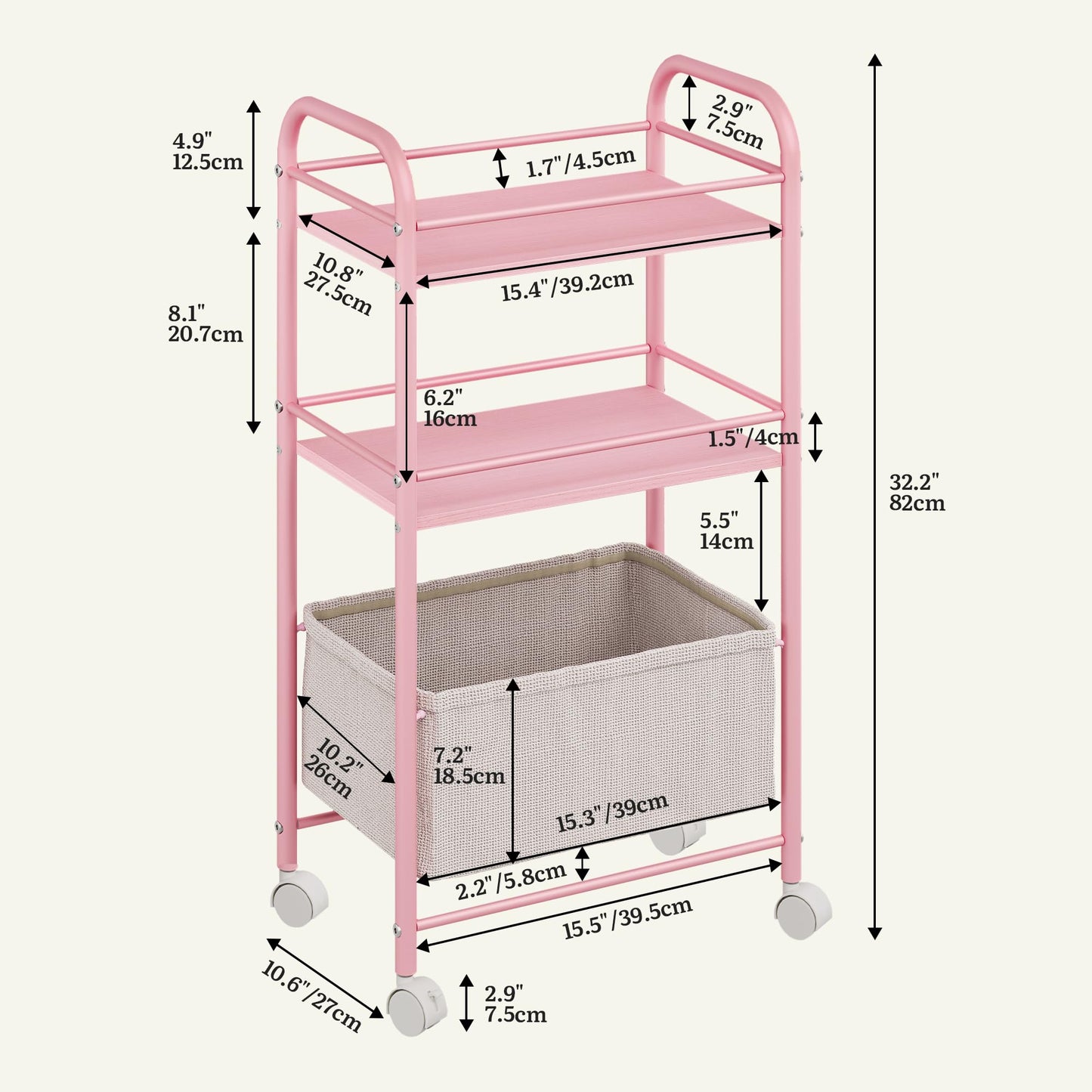 YITAHOME pink metal trolley on wheels, 3 Tier kitchen trolley, storage trolly with Woven Basket, Lockable Wheels, Handle, book cart for office