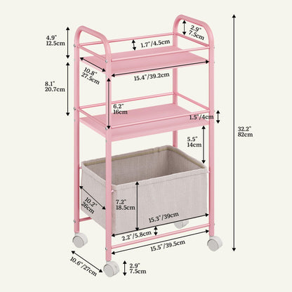 YITAHOME pink metal trolley on wheels, 3 Tier kitchen trolley, storage trolly with Woven Basket, Lockable Wheels, Handle, book cart for office