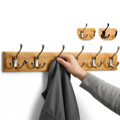 LARHN Wooden Wall-Mounted Coat Rack - 6 Matt-Nickel Coat Hooks, 59cm