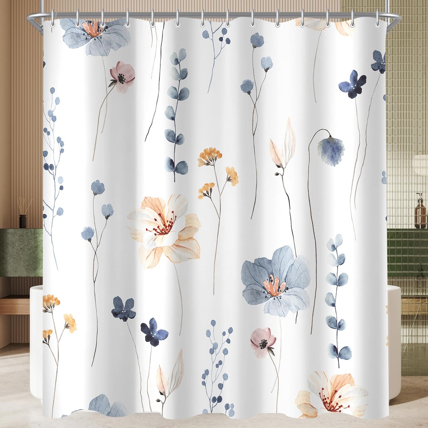Lerores Shower Curtain, 120 x 200 cm, Blue Flower, Weighted Hem, Anti-Mould, Water-Repellent