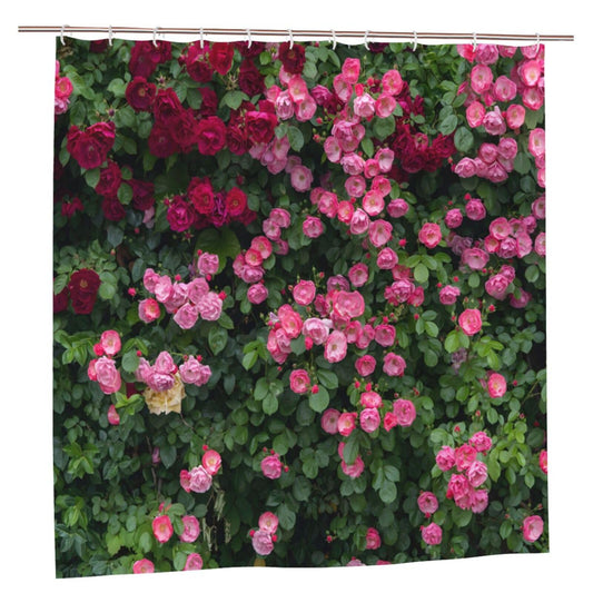 Pink Red Flowers Shower Curtain for Garden, 3D Floral Leaf Waterproof Bathroom Curtain, Outdoor Garden Scenery Shower Curtain, Quick Dry Bathtub Bath