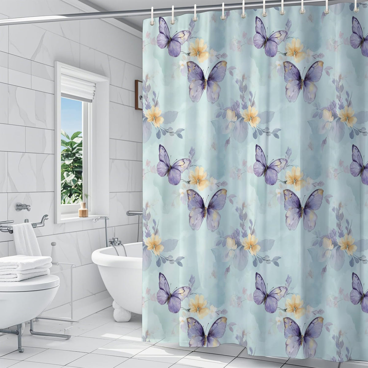 Butterfly Floral Shower Curtain 180x200cm Waterproof Mould Proof with Hooks