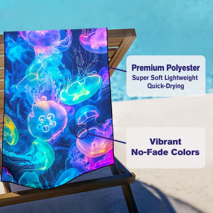 Violetpos Neon Jellyfish Group Beach Towel, Extra Large 180x90 cm 250GSM Microfibre, Sand Free Quick Dry