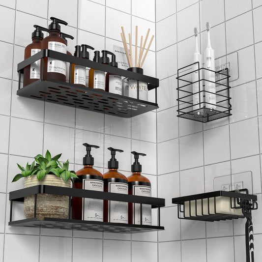 UUlioyer Shower Caddy, Shower Shelf No Drilling, Bathroom Storage for Shampoo, Black (with soap dish and toothbrush holder)
