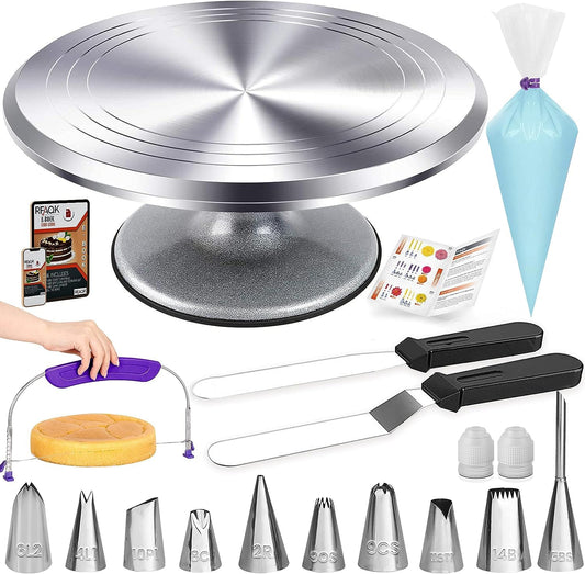 RFAQK 50PCs Cake Turntable Set - 12" Aluminium Alloy Cake Decorating Turntable- Professional Cake Decorating Kit with Straight & Offset Icing