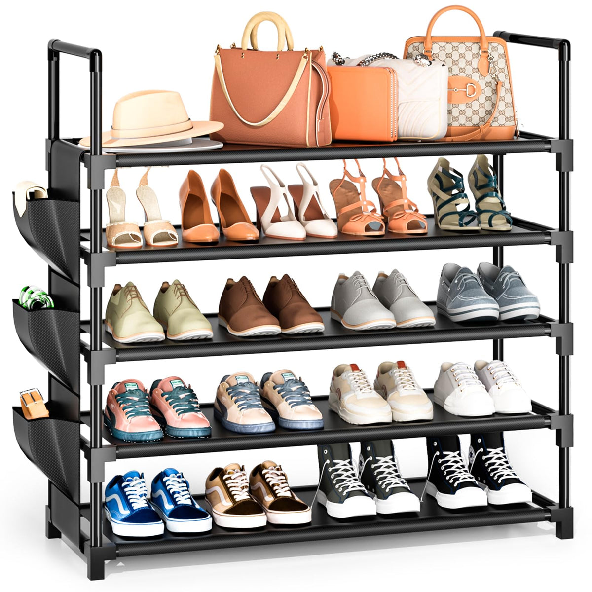 OYREL Shoe Rack 5 Tier 20-25 Pairs Shoes, Large Shoe Storage with Side Bag