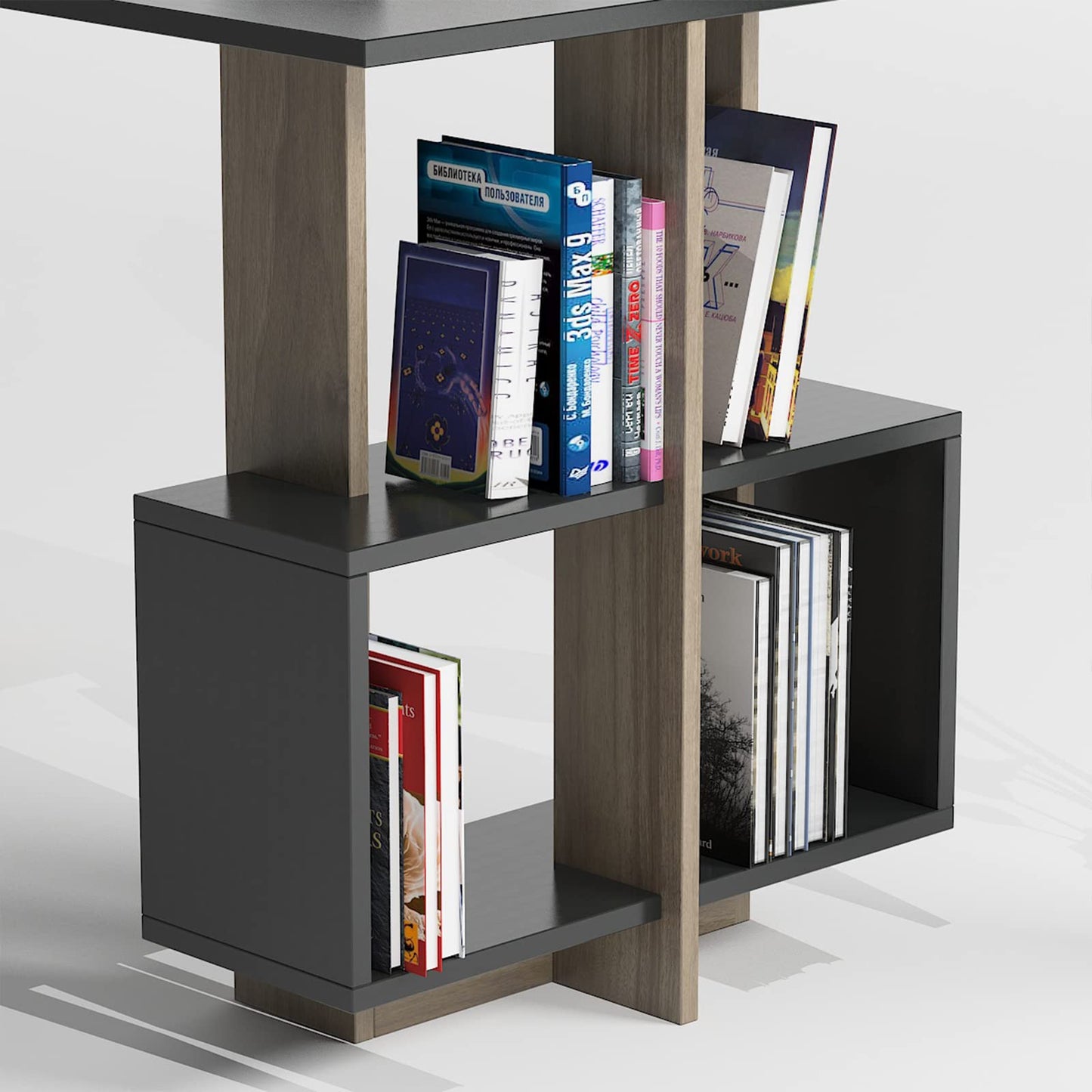 DEMANZE Writing Computer Desk, Home Office Study Desk with Space-Saving Bookshelf, Corner Laptop Pc Table with Storage Shelves