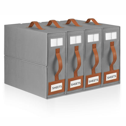 BOSNONA Bed Sheet Organiser 4 Pack Grey Bedding Storage Box Foldable King Size Bed Sheet Organiser Boxes with Zip for Bedsheets, Pillow Cases