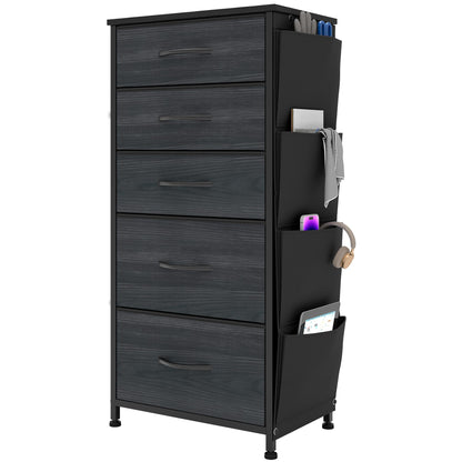 YITAHOME Narrow Chest of Drawers with 5 Drawers, Fabric Drawers with Side Pocket&Hooks,Sturdy Steel Frame,Storage Drawers for Bedroom