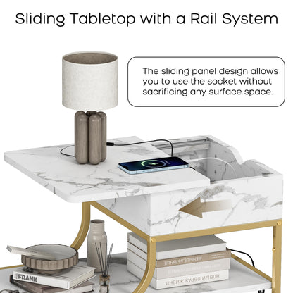 DAWNYIELD Side Table with Hidden Charging Station, Gold & White