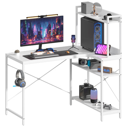 Feonase 47" L-Shaped Computer Desk Gaming Desk with Durable Metal Frame, Corner Desk with 4 Sheves and Hook