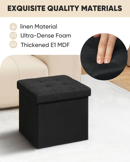 Bonlife Folding Ottoman Storage Box, Linen Black Cube Toy Chest with Lid, Multipurpose Footstool for Living Room, Bedroom & Nursery, 32x32x32cm