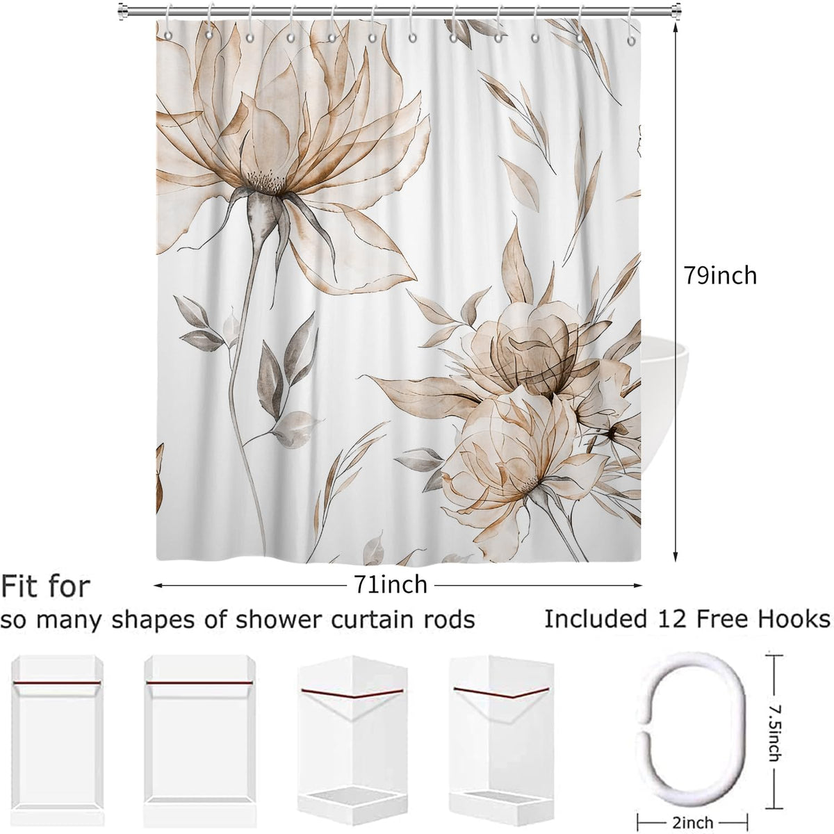 Hnmdmyi Watercolor Floral Shower Curtain 180x200, Brown Boho Flower Leaf Modern Minimalist Aesthetic Art Bathroom Curtains Waterproof Polyester