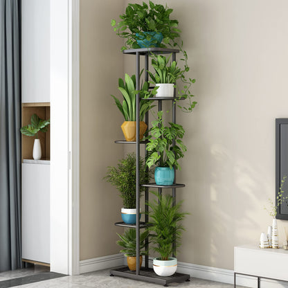 LINZINAR Metal 6 Tier 7 Potted Plant Stand Indoor Outdoor, Dark Grey