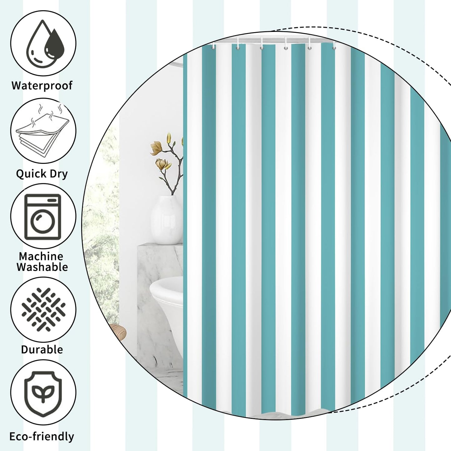 GCIREC Shower Curtain, 180x180cm, Light Teal and White Modern Minimalism Vertical Stripes Waterproof Fabric Machine Washable Bathroom Curtain with