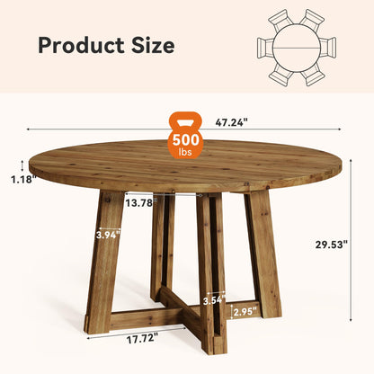 TRIBEWOOD Farmhouse 47.3'' Solid Wood Round Dining Table for 4-6, Cross Base Kitchen Table, Rustic Wooden Dining Room Table
