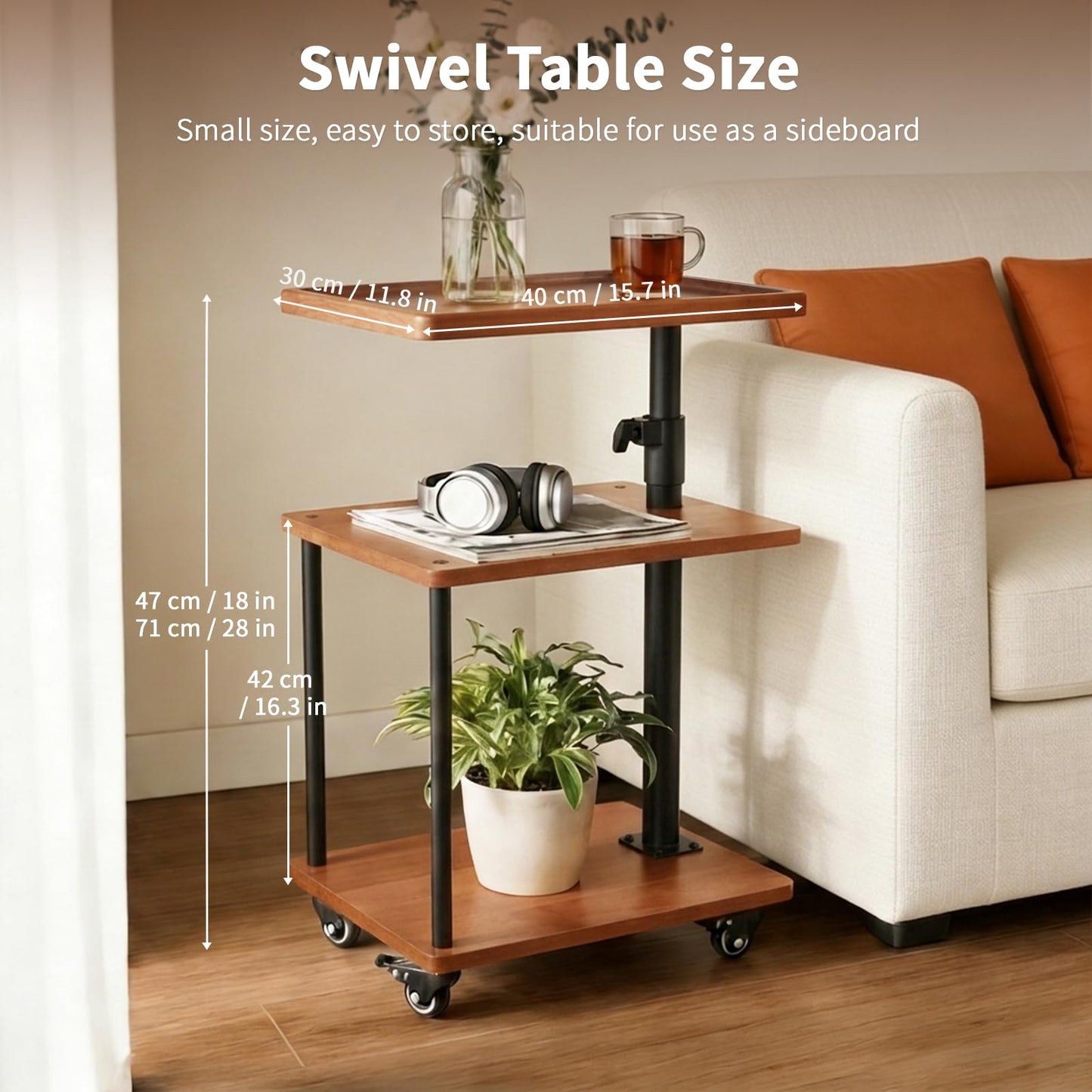 Bingyouth Side Table with Wheels, Adjustable Sofa Table with 360° Swivel Raised-Edge Top, 3 Tier Solid Wood Bedside Table for Living Room or Bedroom
