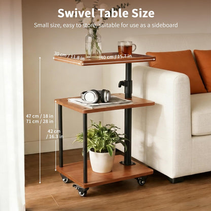 Bingyouth Side Table with Wheels, Adjustable Sofa Table with 360° Swivel Raised-Edge Top, 3 Tier Solid Wood Bedside Table for Living Room or Bedroom