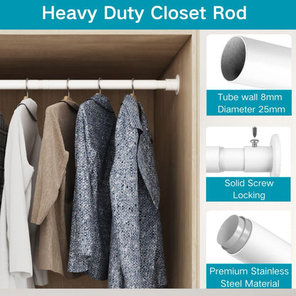 Wardrobe Rail, Extendable Clothes Rail Wall Mounted Wardrobe Hanging Rail for Clothes, Bedroom,Windows and Showers, 45-68CM/Diameter 25MM，White