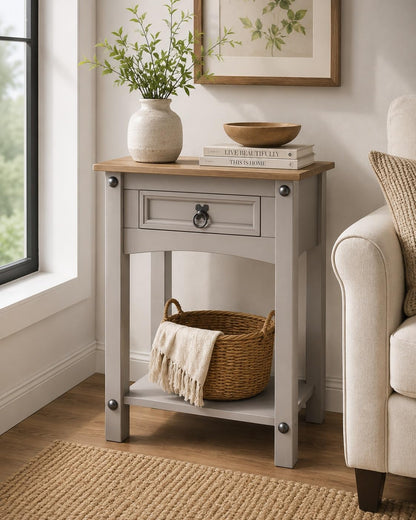 Corona Console Table Pine Grey Wax 1 Drawer Solid Wood Side Table W 53 x D 35 x H 73cm