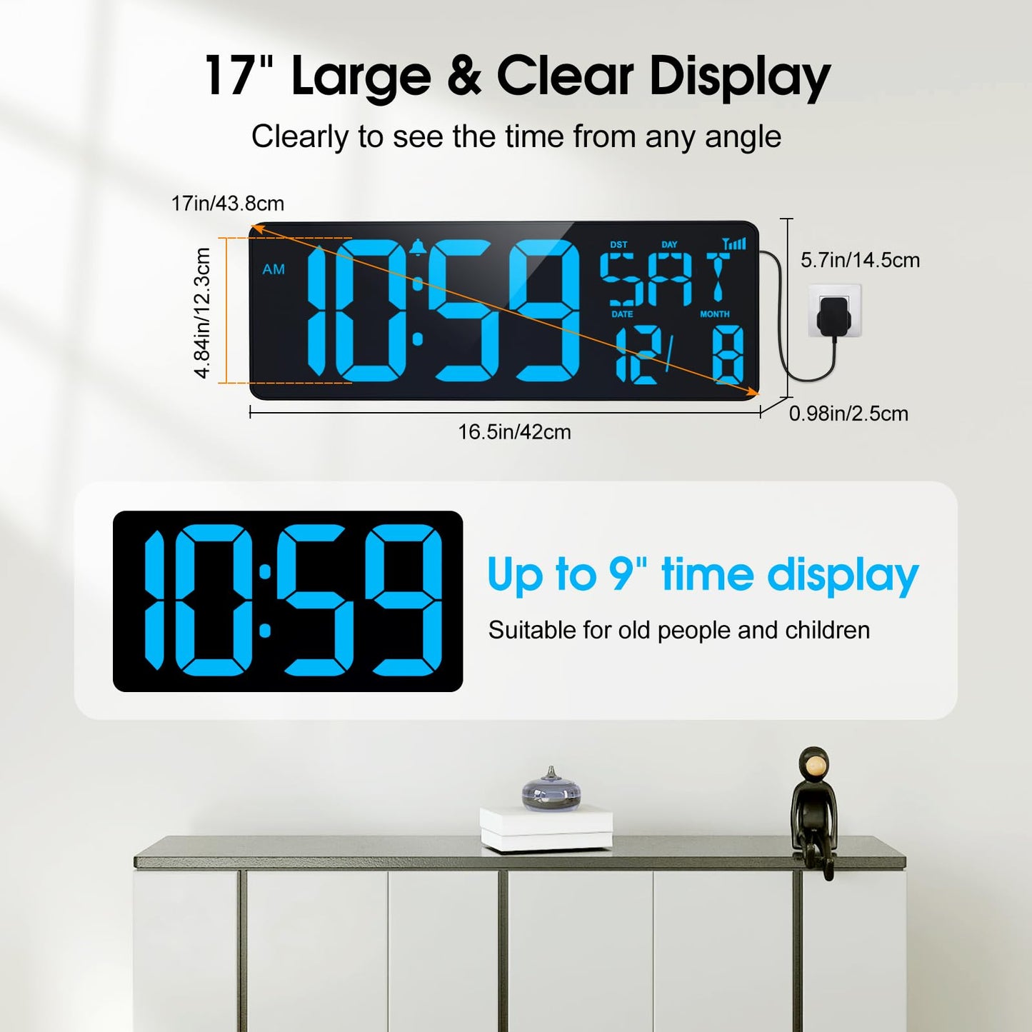 XREXS 17 Inch Large Digital Wall Clock with Bluetooth Function, Auto-sync Time, Adjustable Brightness, Clock with Time/Date/Temperature/Timer/Alarm