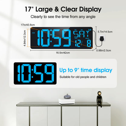 XREXS 17 Inch Large Digital Wall Clock with Bluetooth Function, Auto-sync Time, Adjustable Brightness, Clock with Time/Date/Temperature/Timer/Alarm