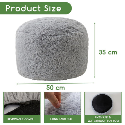 HIGOGOGO Faux Fur Beanbags Round Footstool Bean Bag Pouf with Foam Chunk Filling, 50 x 35 cm Floor Poufs Foot Rest for Living Room, Grey