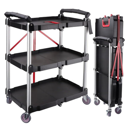 uyoyous 3-Tier Service Carts Folding Rolling Utility Cart Heavy Duty Metal Frame Tool Cart with Lockable Silent Wheels Supports Up to 200 lbs for