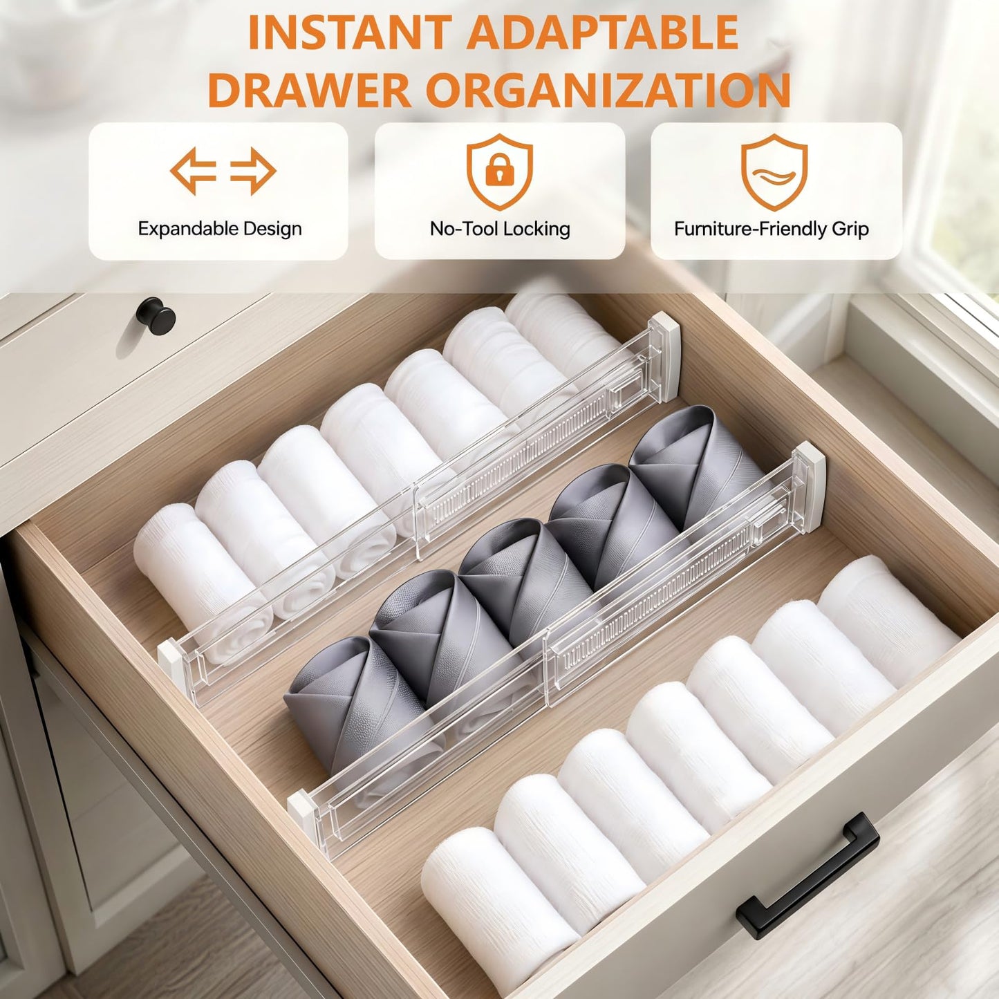 8 Pack Kitchen Drawer Dividers for Clothes, Adjustable Draw Dividers(30-52cm), Clothes Drawer Organisers for Kitchen, Bedroom, Desk, Dresser