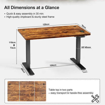 JUMMICO Electric Standing Desk 120x60cm – Height Adjustable with USB Charging, Sedentary Reminder, Memory Heights for Home Office Use, Rustic Brown