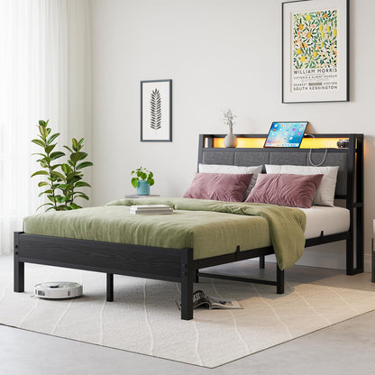 FOUBAM Double Bed Frame, 4FT6 Bed Frame Ergonomics Double with Charging Station and LED Lights