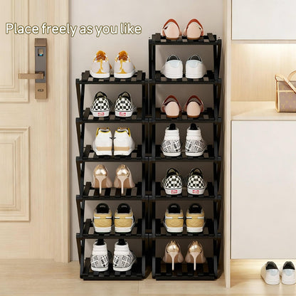 GIRYES Small Shoe Rack Black, 6 Tier Bamboo Foldable Shoes Organizer Free Standing Shelf for Entryway, Bedrooms, Closet, Living Room Corner