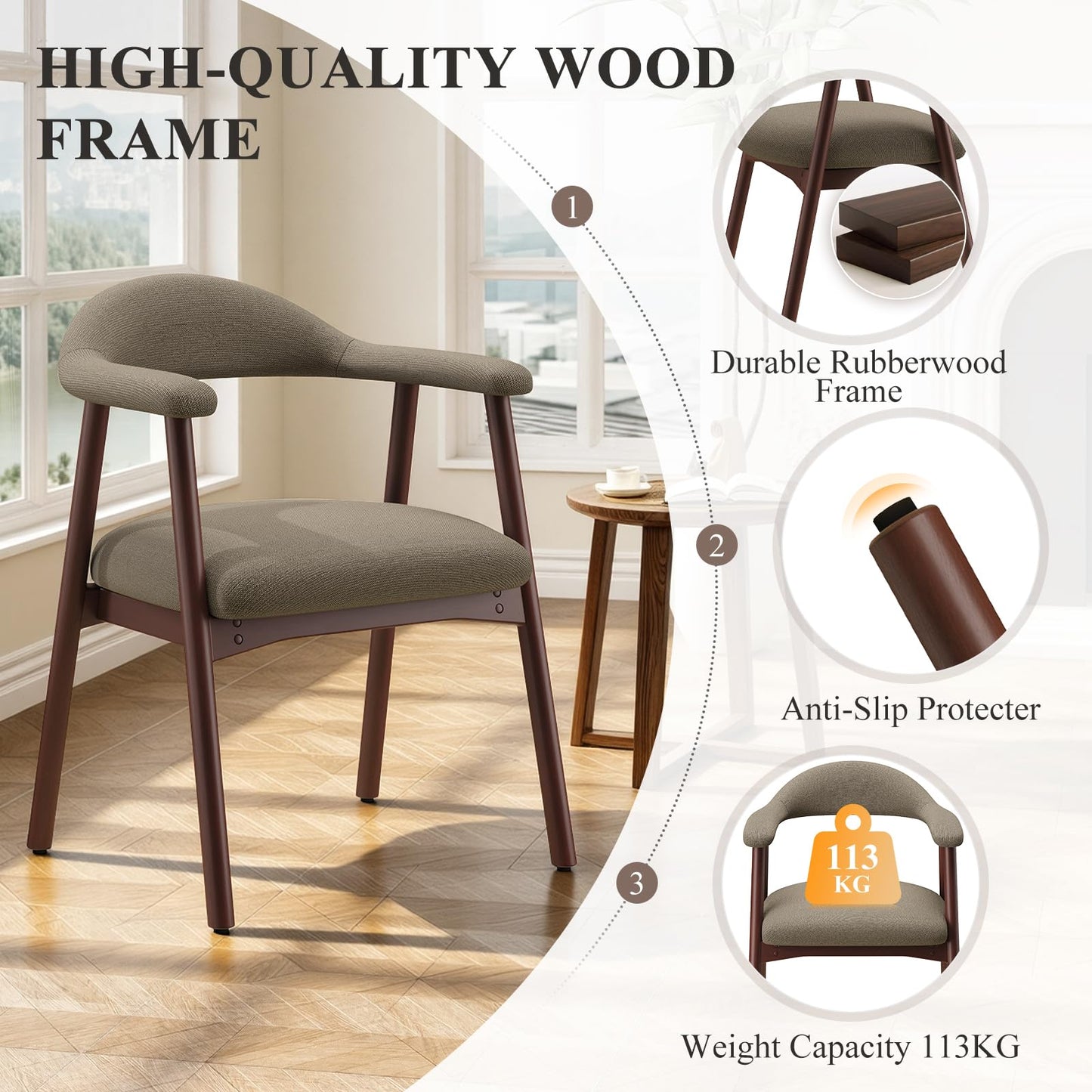 MALOL Wooden Dining Chairs Set of 2, Fabric Chairs for Dining Room with Armrest, Upholstered Kitchen Chairs with Curved Back and Wood Legs for Dining