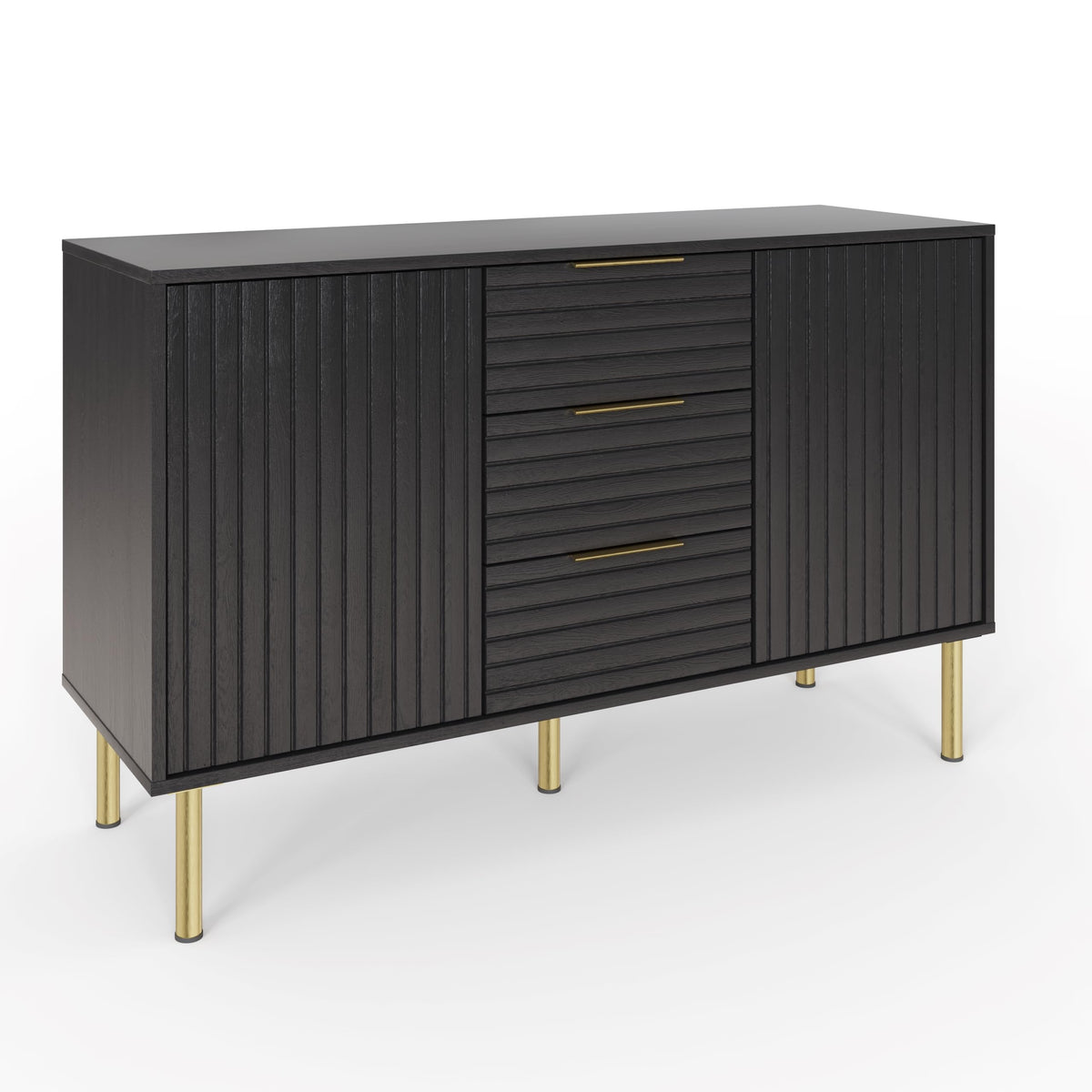 GFW Nervata Sideboard, Black Storage Cabinet with 3 Drawers and 2 Doors, Art Deco Style Sideboard with Gold Accents and Wood Grain Texture for Living