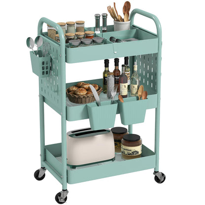 danpinera 3 Tier Rolling Cart, Metal Utility Cart with DIY Pegboard, Rolling Carts with 3 Dividers