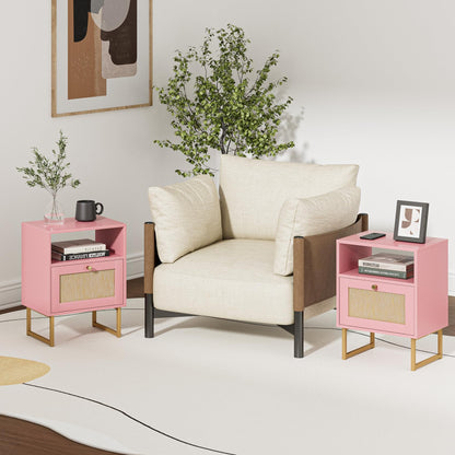 HEYZOEY Rattan Bedside Table,Modern Boho Farmhouse Wood Nightstand with Storage Drawer and Open Shelf,Small Gold Frame Side Table for Bedroom,Living