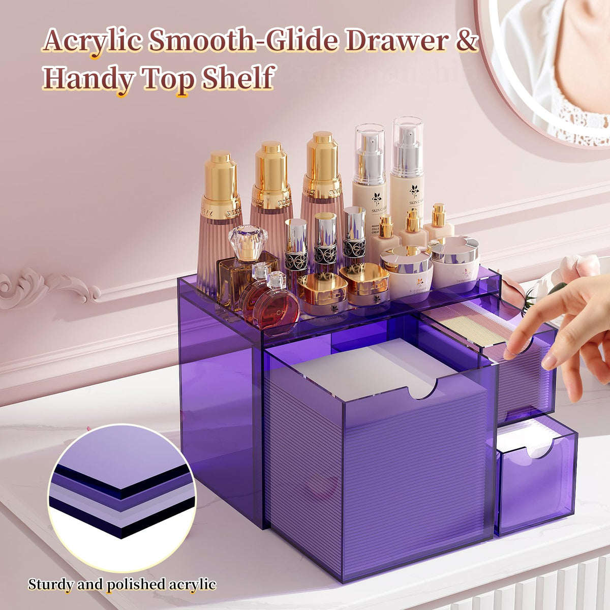 Youdepot Purple Acrylic Face Towel Holder with 3 Drawers