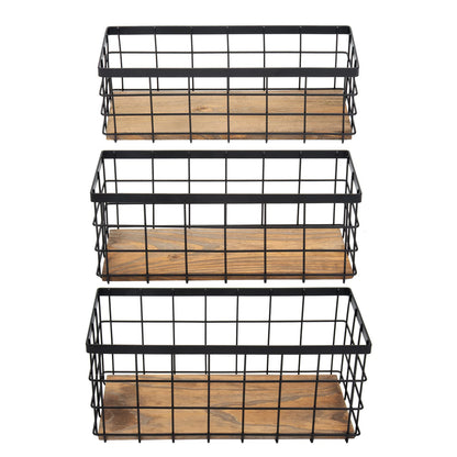 TIEYIPIN Farmhouse Decor Metal Wire Storage Baskets, Wood Base Containers Organizing Basket Caddy Bin for Kitchen Cabinets, Bathroom, Pantry, Garage