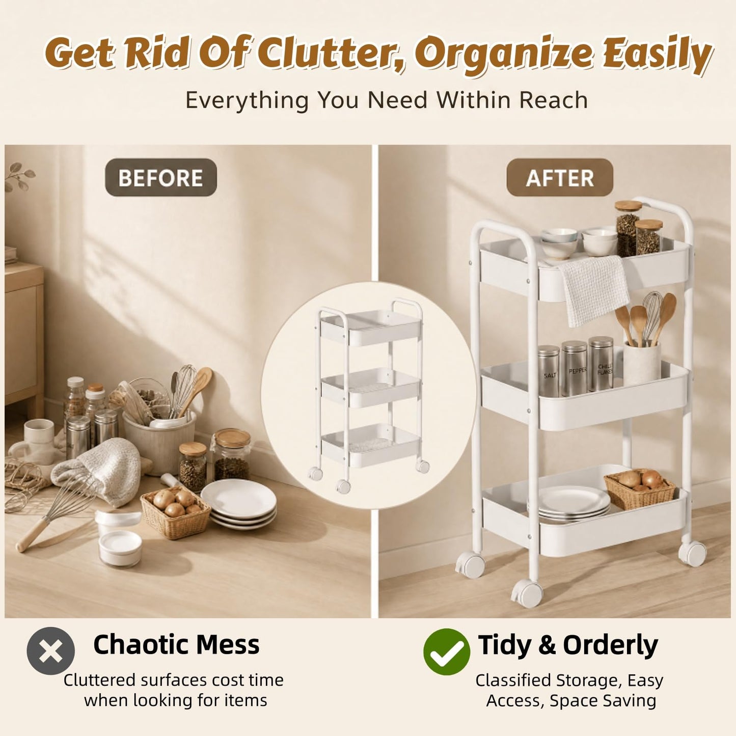 Siocok 3 Tier Metal Storage Trolley on Wheels, Storage Cart, Rolling Utility Cart, Easy Assembly for Home Kitchen, Bathroom Laundry and Office