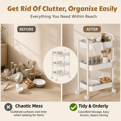 Siocok 3 Tier Metal Storage Trolley on Wheels, Storage Cart, Rolling Utility Cart, Easy Assembly for Home Kitchen, Bathroom Laundry and Office