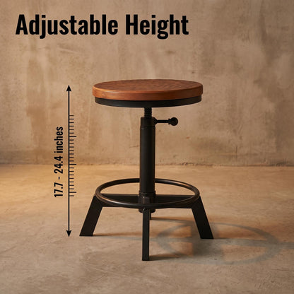 BOKKOLIK Set of 2-Industrial Bar Stool-Counter Height Chairs- Swivel Wooden Seat- Adjustable 17.7-24inch