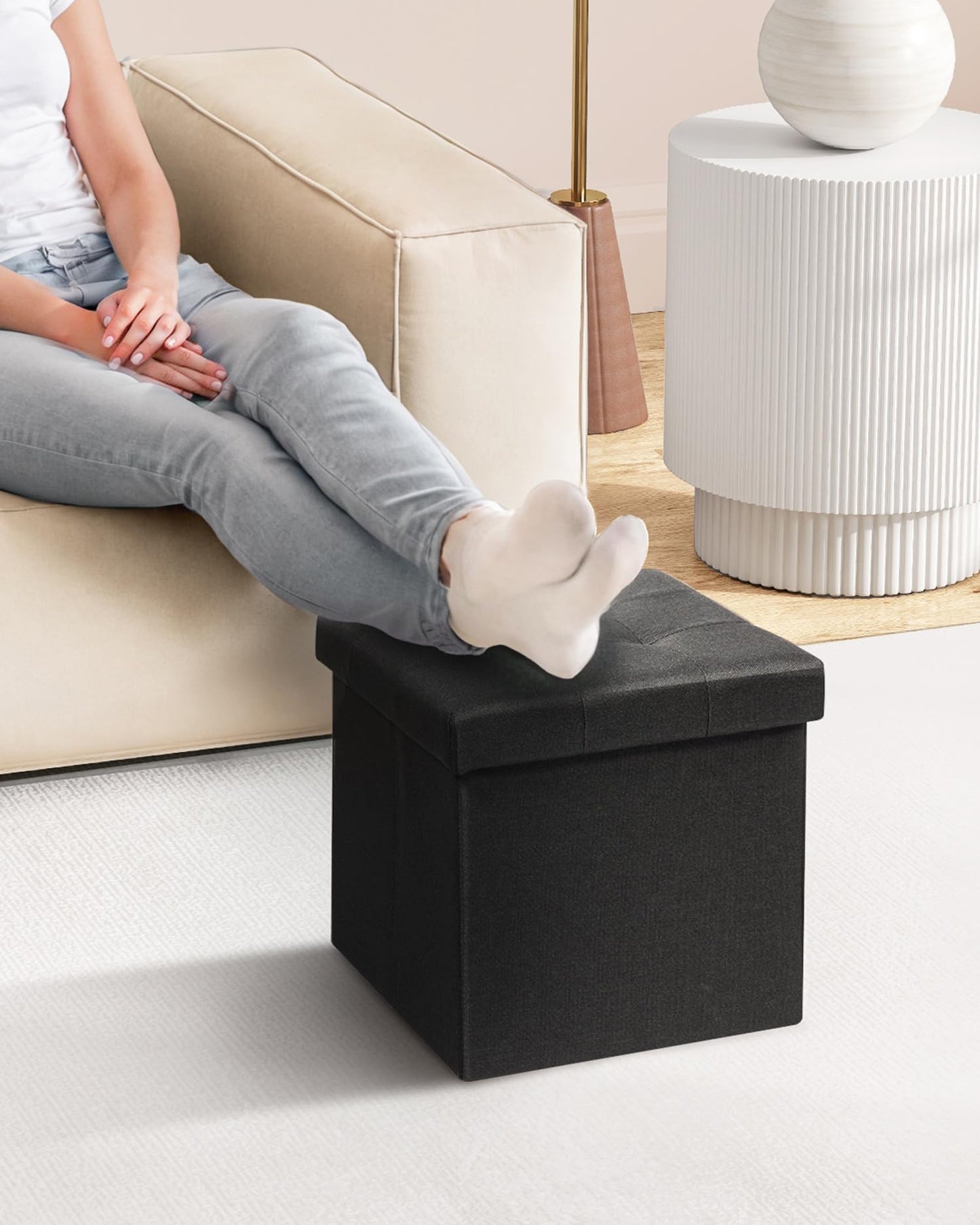 Bonlife Folding Ottoman Storage Box, Linen Black Cube Toy Chest with Lid, Multipurpose Footstool for Living Room, Bedroom & Nursery, 32x32x32cm