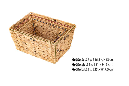 ECHTWERK Set of 3 Water Hyacinth Storage Baskets, Rectangular, Natural, Woven Baskets in S/M/L, Stackable for Bathroom, Office & Living Room