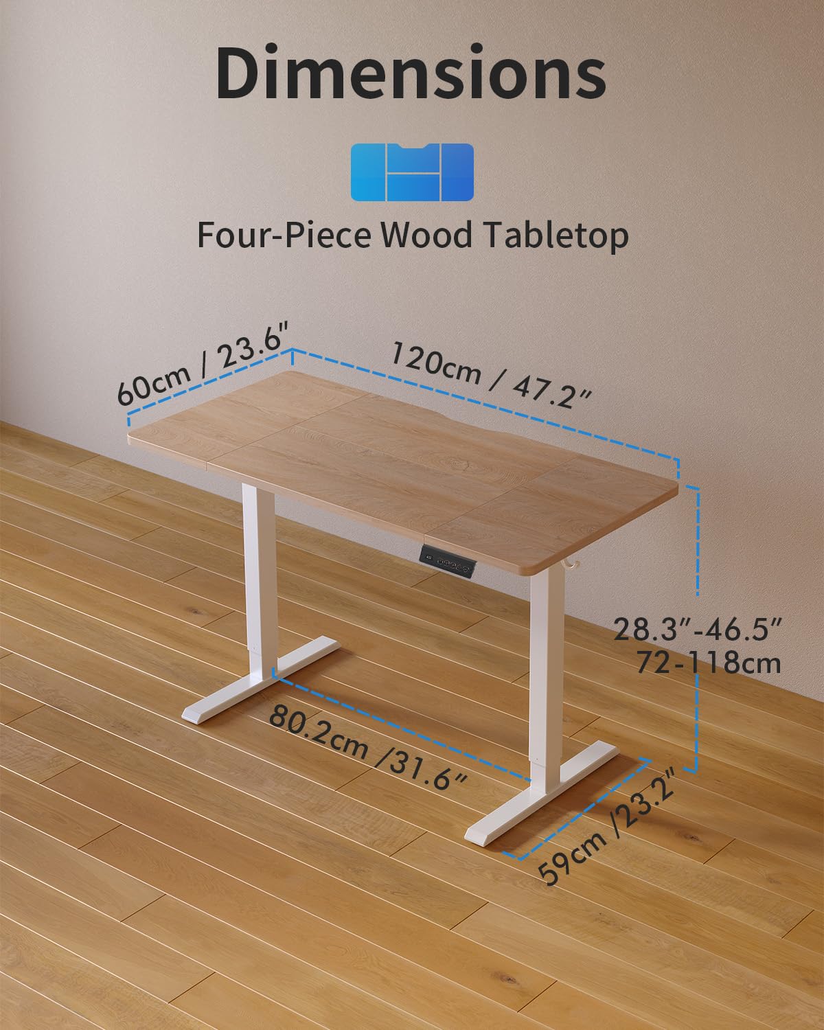 Cubiker Electric Standing Desk 120 x 60 cm, Height Adjustable Sit Stand Desk with Memory Presets, Home Office Computer Desk, White Frame with Oak Top