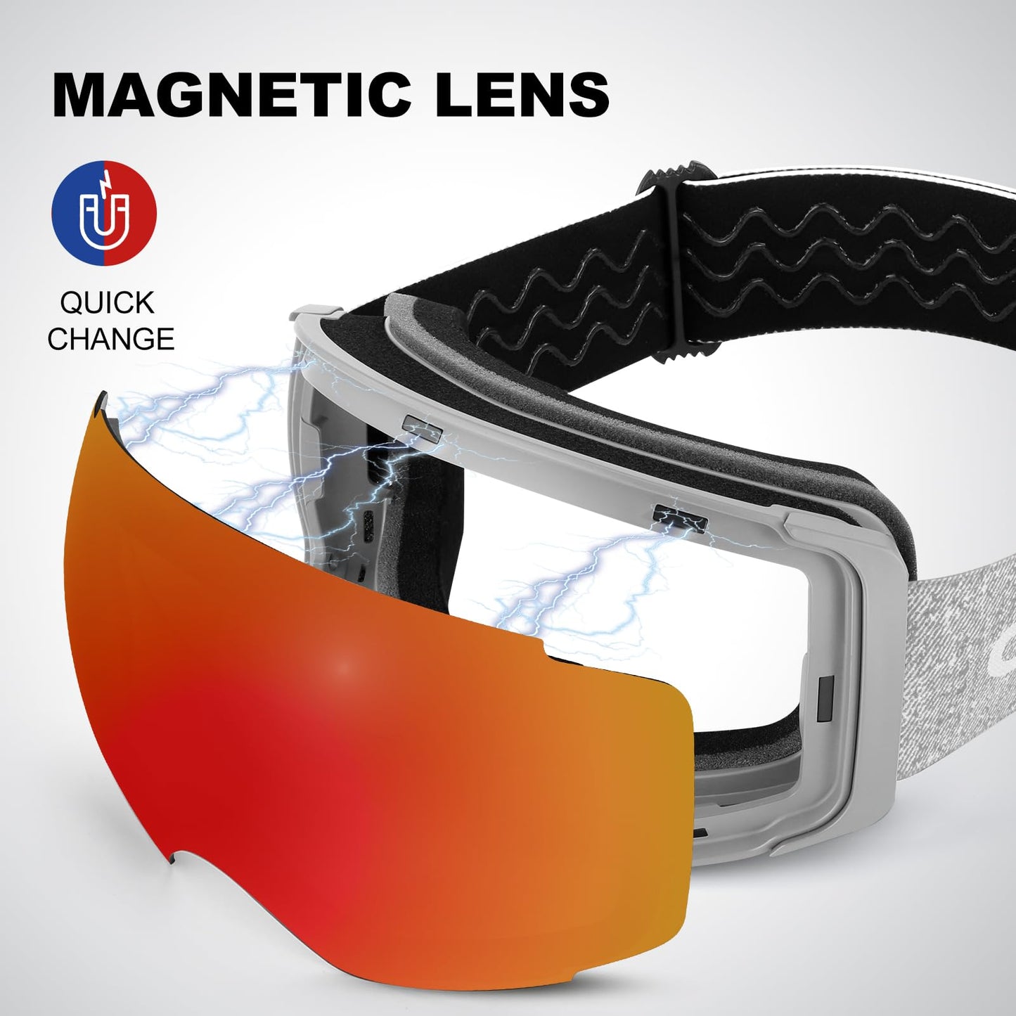 Odoland OTG Ski Goggles Set with Detachable Lens, Frameless Interchangeable Magnetic Lens for Skiing Skating Snowboard, Anti-Fog and UV400 Protection